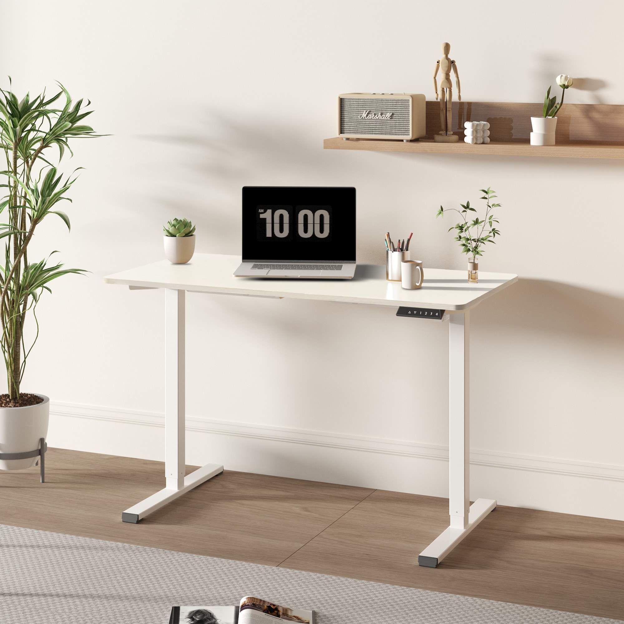 Electric Standing Desk Whole Piece Adjustable Height Desk Home Office Computer Workstation Sit Stand Up Desk (White Frame + White Top)_voghion.com